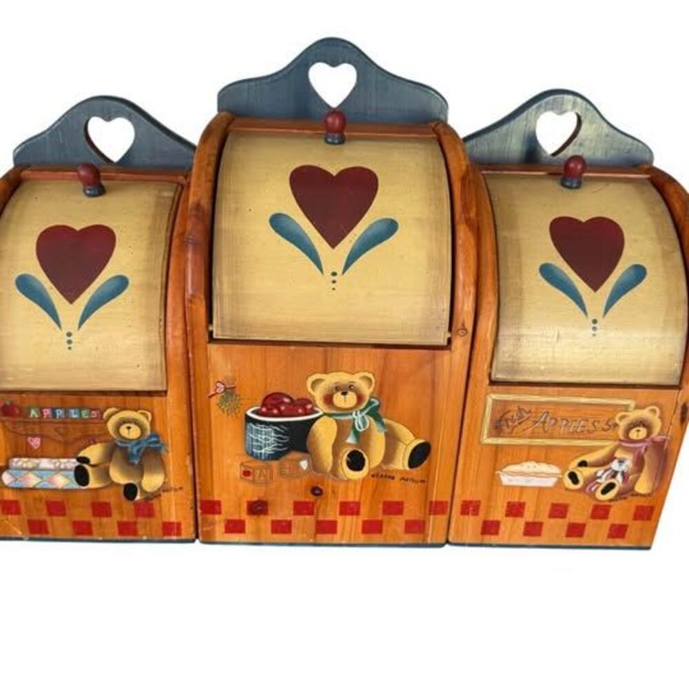 Vintage Dianna Marcum Wooden Canister Set 3pc 1980s Country Bear Farmhouse